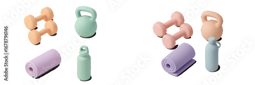 Pastel fitness equipment dumbbells kettlebell yoga mat water bottle on black background. Modern 3D Icon Set