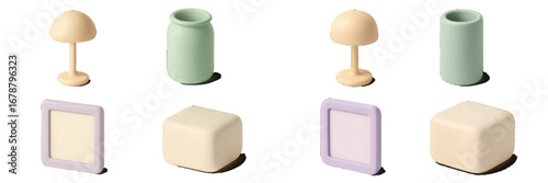 Minimalist 3D Objects Lamp Vase Photo Frame Cube Pastel Colors. Modern 3D Icon Set