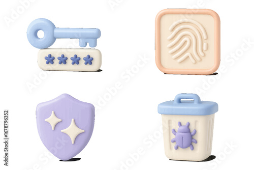 Digital security icons: key, fingerprint, shield, malware bin. Modern 3D Icon Set