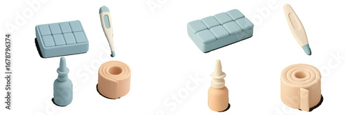 Medical supplies thermometer nasal spray bandage pill box. Modern 3D Icon Set