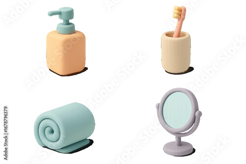 Pastel Bathroom Accessories Set. Modern 3D Icon Set
