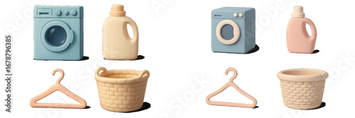 Pastel laundry room items: washing machine, detergent, basket, hanger. Modern 3D Icon Set
