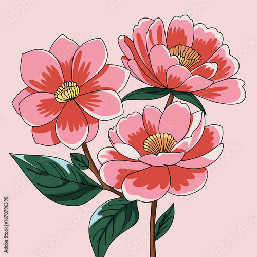 Pink and Red Flowers with Green Leaves on a Cream Colored Background. 