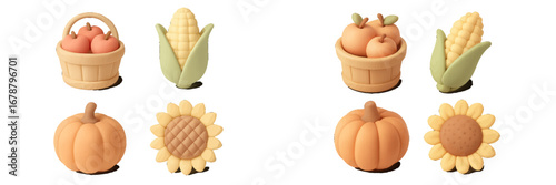 Autumn harvest elements pumpkins apples corn sunflowers stylized 3D render. Modern 3D Icon Set