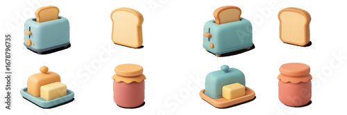 Breakfast Food Items: Toaster, Bread, Butter Dish, Jam Jar. Modern 3D Icon Set