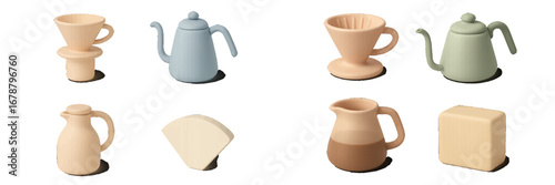 Minimalist coffee brewing equipment set with pour over dripper, kettle, carafe, and creamer. Modern 3D Icon Set