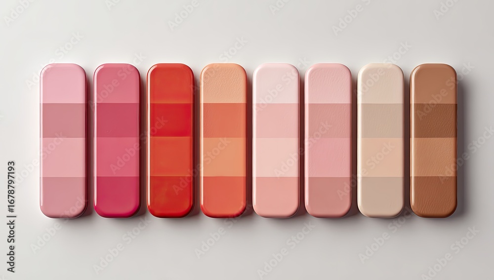 Fototapeta premium A row of eight rectangular cosmetic products, showcasing a spectrum of shades from light pink to deep brown.
