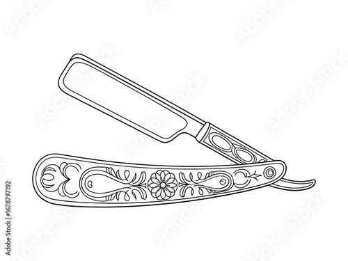 Vintage straight razor with ornate handle illustration