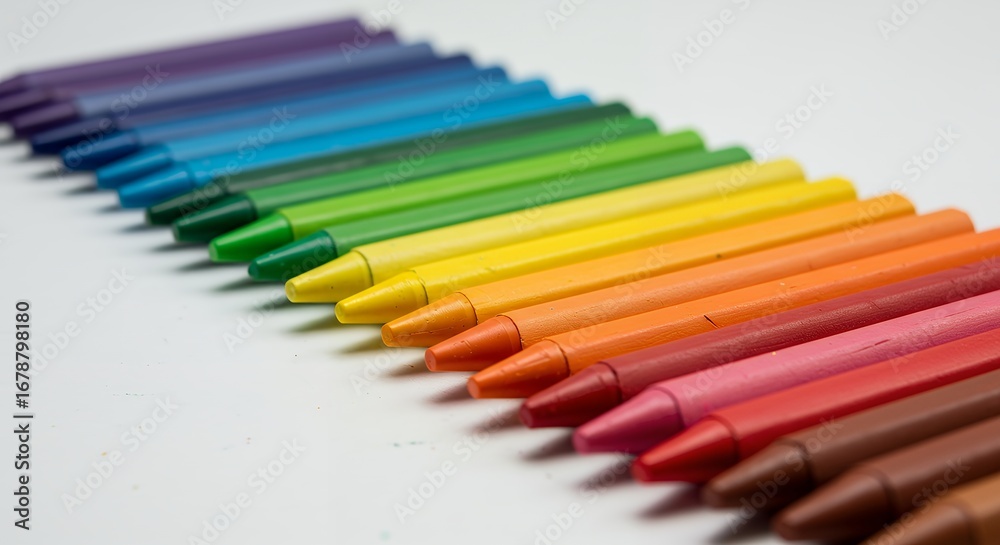 Naklejka premium Vibrant Rainbow Crayons Lined Up on White Surface