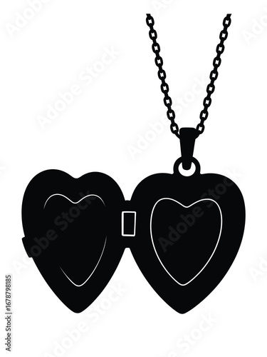 Open black heart locket necklace with chain