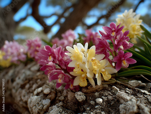 colorful jungle flowers (e.g., orchids, bromeliads) growing on tree trunks and branches