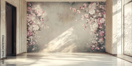 A large, textured wall mural depicts a delicate arrangement of pale pink and white cherry blossoms against a muted, aged gray background. 