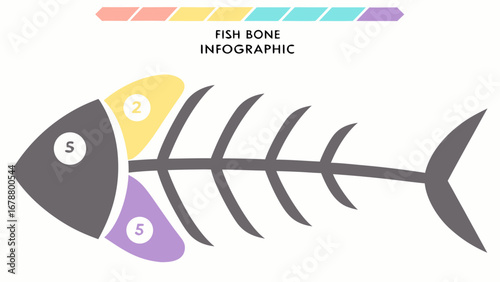 Colorful fish bone diagram infographic with numbers and letters