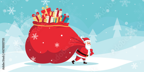 Santa Claus walks through a snowy forest carrying a large sack of gifts
