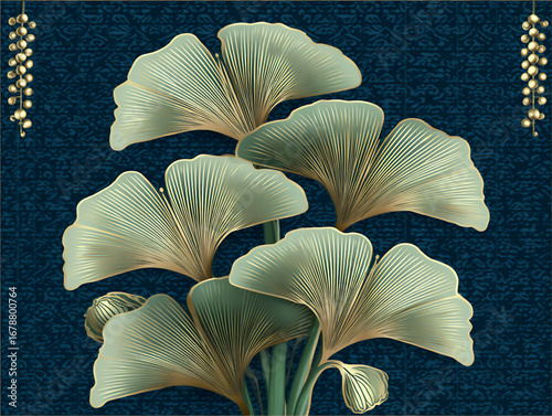 elegant seamless pattern of stylized ginkgo leaves in shades of gold and green on a dark