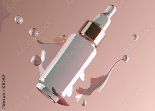 Cosmetic dropper bottle with liquid splashes