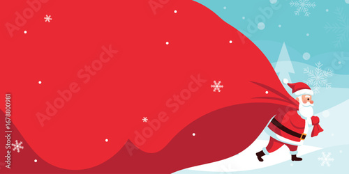 Santa Claus Carrying Big Sack, Delivering Gifts, Merry Christmas, Snowy Background, Banner Vector Illustration