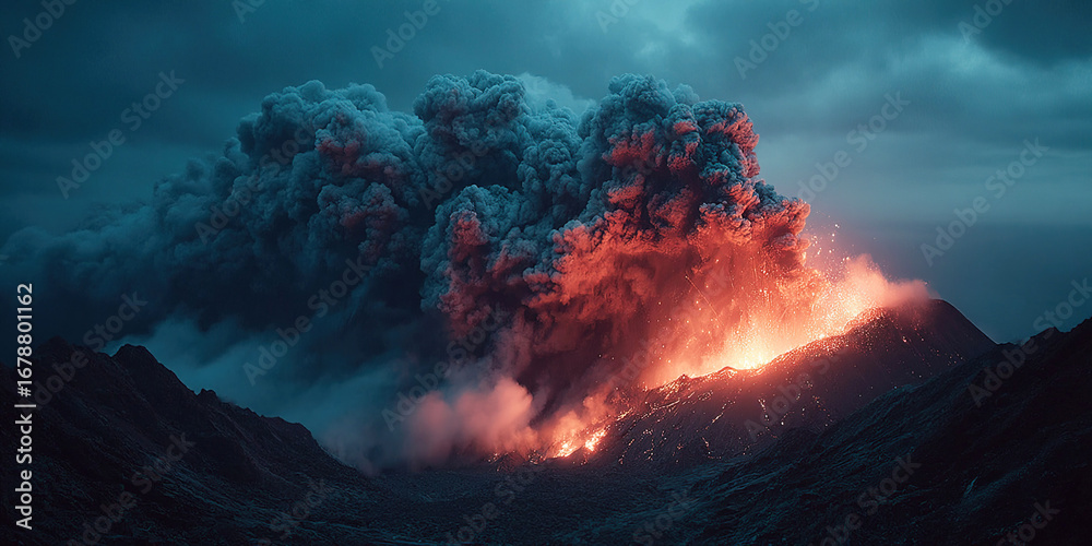 Fototapeta premium Volcanic eruption releasing lava and ash during a dramatic night explosion