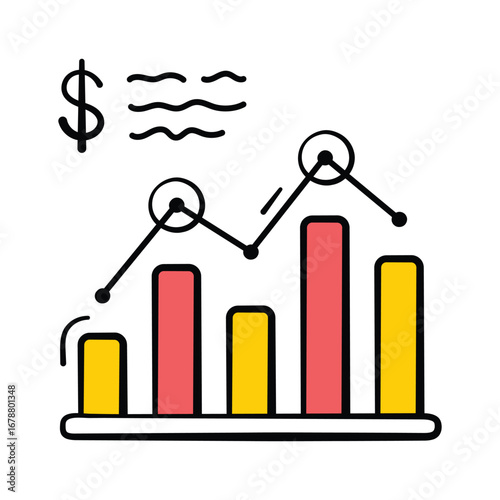 A vibrant hand drawn doodle style icon of a financial growth chart.