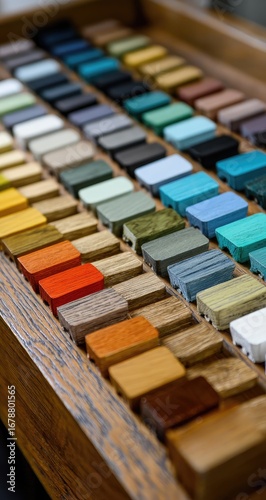 Color swatches of various shades, wood, and plastics in a wooden tray