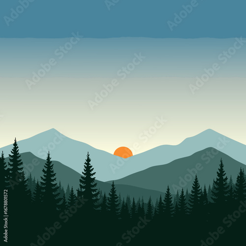 Tranquil Mountain Range Landscape at Sunset with Silhouetted Pine Forests and Soft Gradient Sky
