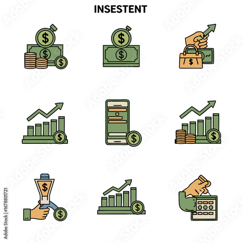 Set of Vector Investment Icons Depicting Money, Charts, Mobile Finance, and Transaction Imagery for Fintech Branding and Educational Content