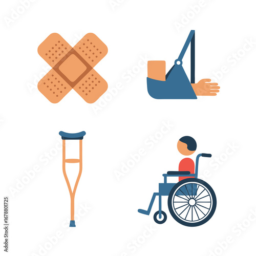 Set of Four Minimal Medical Accessibility Icons Featuring Adhesive Bandage Arm Sling Crutch and Wheelchair Illustration in Flat Style