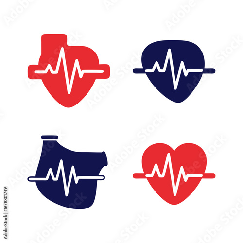 Set of Four Cardiology Icons Featuring Heart Shapes with Ecg Waveforms in Red, Navy, and Blue for Medical Graphics and Healthcare Design