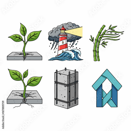 Resilience Icon Set Featuring Plants Breaking Through Concrete, Stormy Lighthouse, Flexible Bamboo, Concrete Block, and Abstract Geometric House Symbol