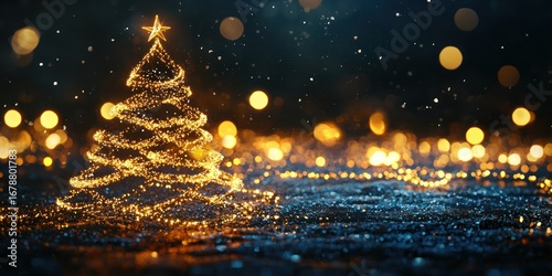 A warmly lit Christmas tree silhouette is prominently displayed against a dark, blurred background of sparkling lights and falling snow. 