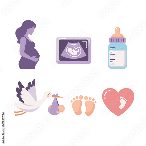 Pastel Maternity Illustration Set Showing Pregnancy, Ultrasound, Baby Bottle, Stork with Baby, Tiny Feet and Heart Symbol