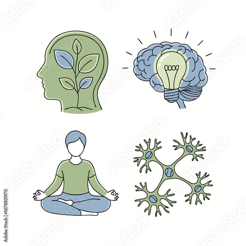Mental Health Icons Set Featuring Brain with Lightbulb Head Plant Growth Meditating Person and Neural Network Illustrations for Mindfulness