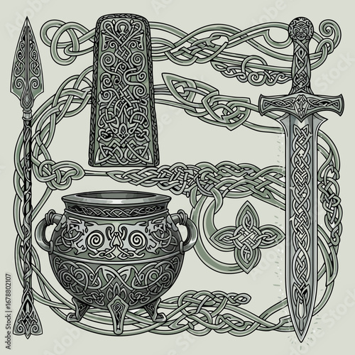 Intricate Celtic Mythology Weapons and Cauldron with Interwoven Knots Displayed in Ancient Style
