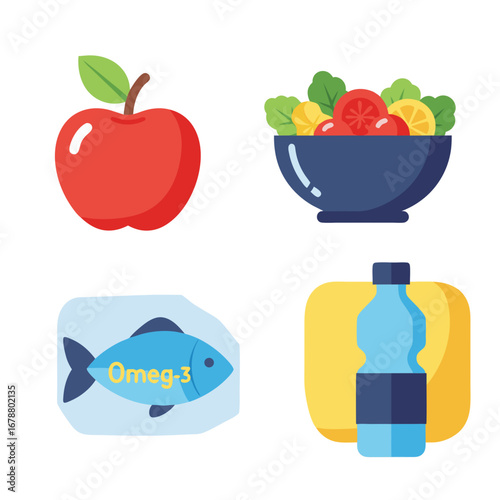 Healthy Food Icon Set Apple, Fresh Salad Bowl, Omega3 Fish Label, and Water Bottle Illustrations