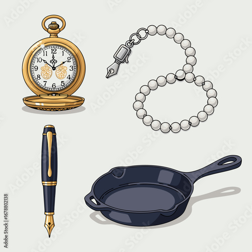 Illustrated Heirloom Objects Icon Set Featuring Pocket Watch Pearl Bracelet Fountain Pen and Cast Iron Skillet