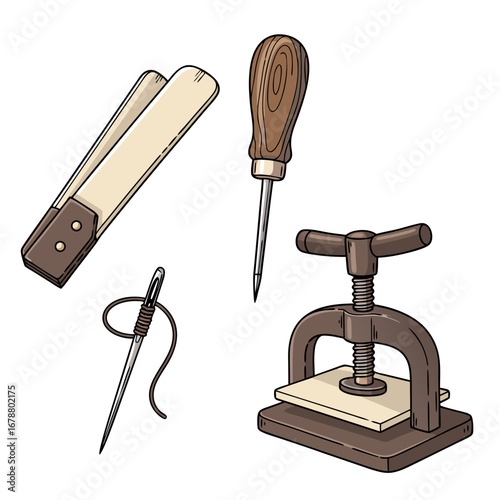 Illustrated Set of Bookbinding Tools Featuring a Bone Folder Awl Needle and a Handheld Screw Press Shown as Vector Line Art