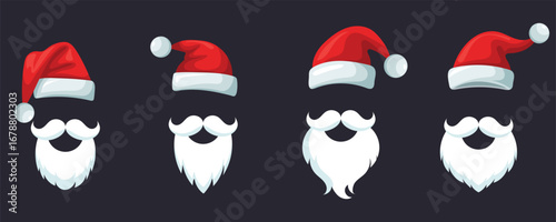 Set of Santa Claus hats. Red Santa hats with beard and mustache. Vector.