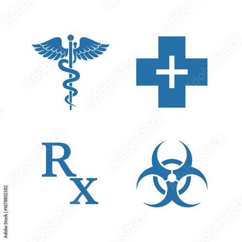 Blue Medical Symbols Icon Set Featuring Rod of Asclepius, Healthcare Cross, Rx Prescription, and Biohazard Sign on White Background