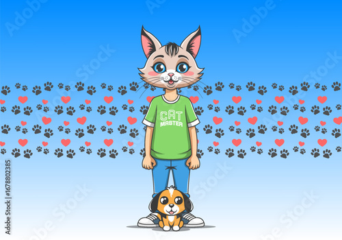 Vector cute cartoon puss in t-shirt, pants and sneakers. Little ginger toon friendly puppy, domestic pet. Master cat