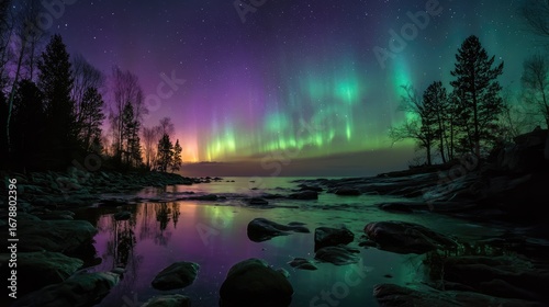 Wallpaper Mural a vibrant display of the Northern Lights dancing across the night sky, reflecting beautifully on the water below Torontodigital.ca