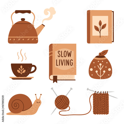 Warm Brown Tone Slow Living Icon Set Showcasing Kettle, Teacup, Plant Book, Bag, Snail, Yarn, and Knitting Motifs for Cozy Home Decor