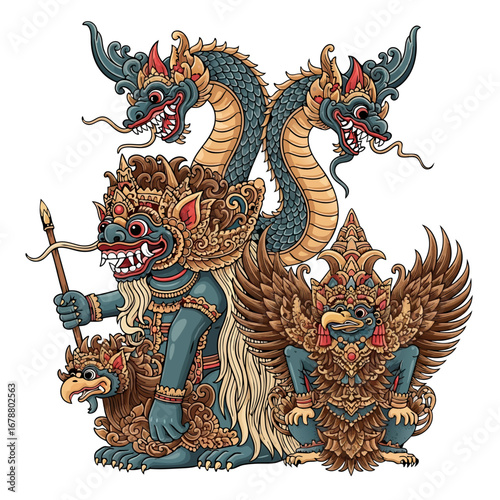 Vivid Nusantara Mythical Creature Ensemble Twinheaded Dragon, Regal Bird Spirit, and Armored Guardian in Elaborate Ornamentation