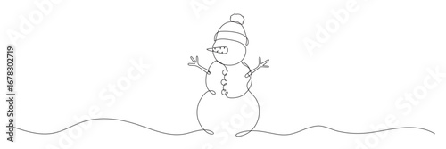 Continuous line drawing of snowman. Editable stroke. Vector illustration