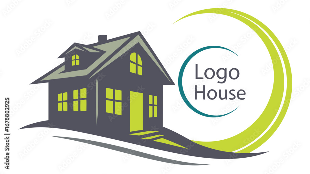 Fototapeta premium Modern house logo with abstract swoosh design