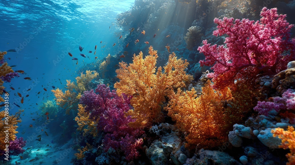 Fototapeta premium vibrant underwater scene featuring colorful coral reef and fish. The sun's rays illuminate the scene, creating a mesmerizing ambiance.