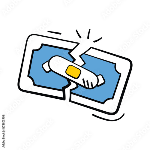 Bandage on a torn note of dollar , concept doodle icon of financial loss