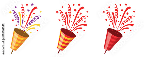 Set confetti party popper icon, fireworks logo, cap, flat design. Vector illustration isolated on white background