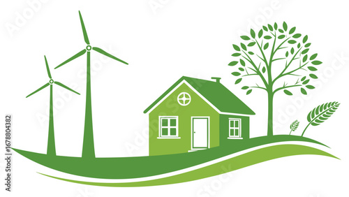 Green energy house with wind turbines and tree