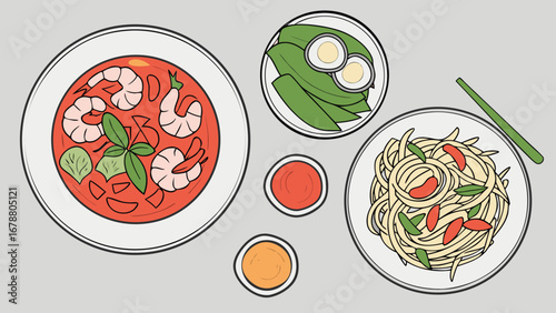 A delicious spread of asian inspired dishes and condiments