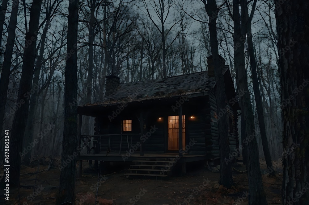 Obraz premium Dark Forest Cabin with Warm Lights in Dense Woods at Night